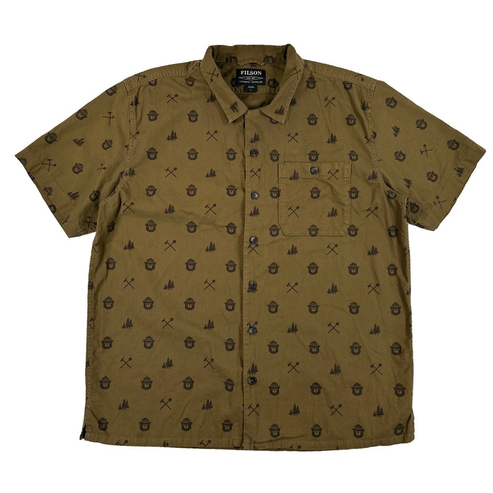 Filson Smokey Bear AOP Camp Shirt Men's Large Olive Green Short Sleeve